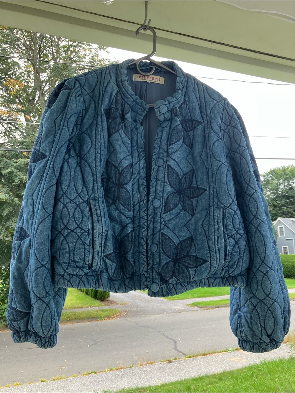 Free People Blue Quilted Floral-Embroidered Jacket